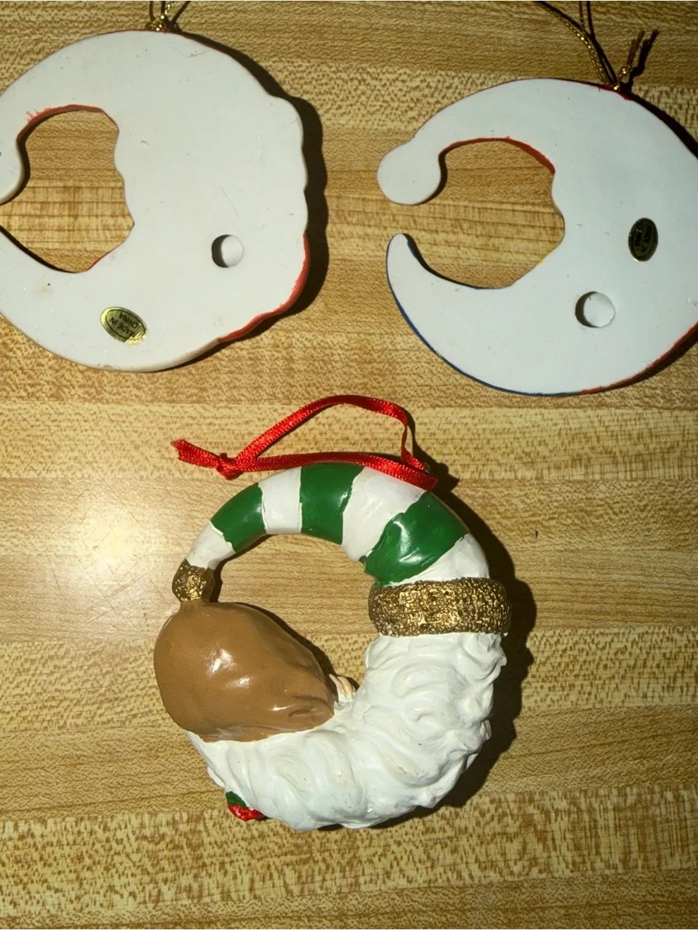 Vintage Set of 3 Festive Crescent Christmas Ornaments - Santa,‎ Snowman & Elf